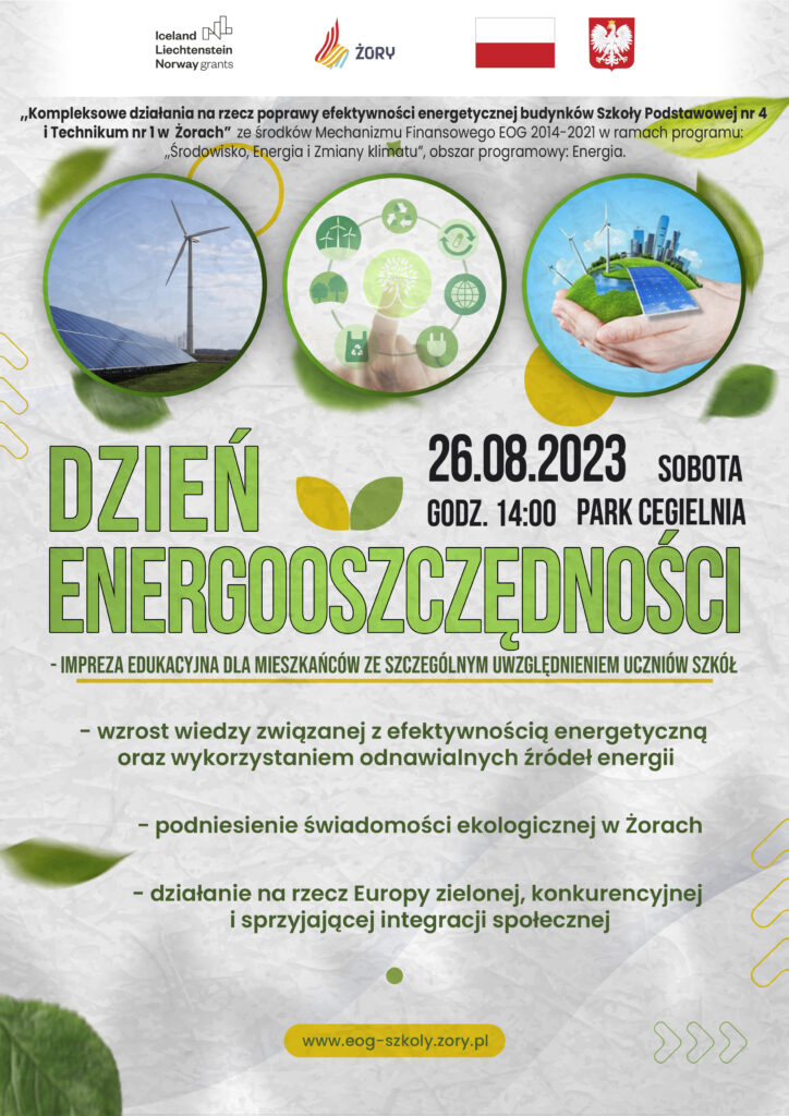 Grafika promująca Dzień Energooszczędności w ramach projektu „Kompleksowe działania na rzecz poprawy efektywności energetycznej budynków Szkoły Podstawowej nr 4 i Technikum nr 1 w Żorach”. Na grafice obrazu związane z czystą energią oraz ekologią i informacje o celach prokjektu.